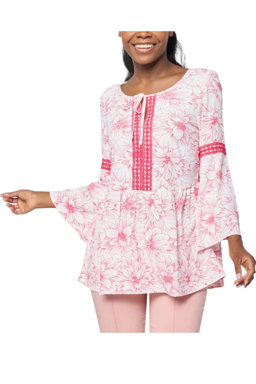 Nina Leonard Women's Floral Printed Textured Wave Blouse Azalea - Regular